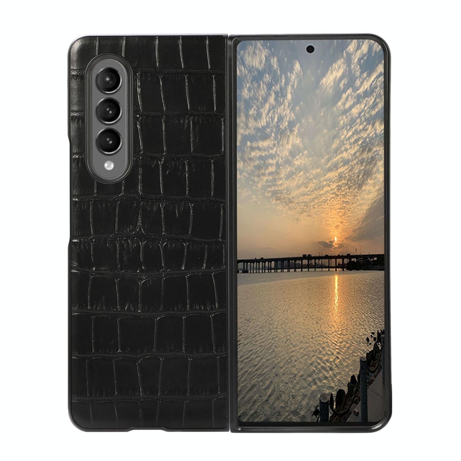 For Samsung Galaxy Z Fold4 5G Genuine Leather Crocodile Texture Phone Case - Black 10