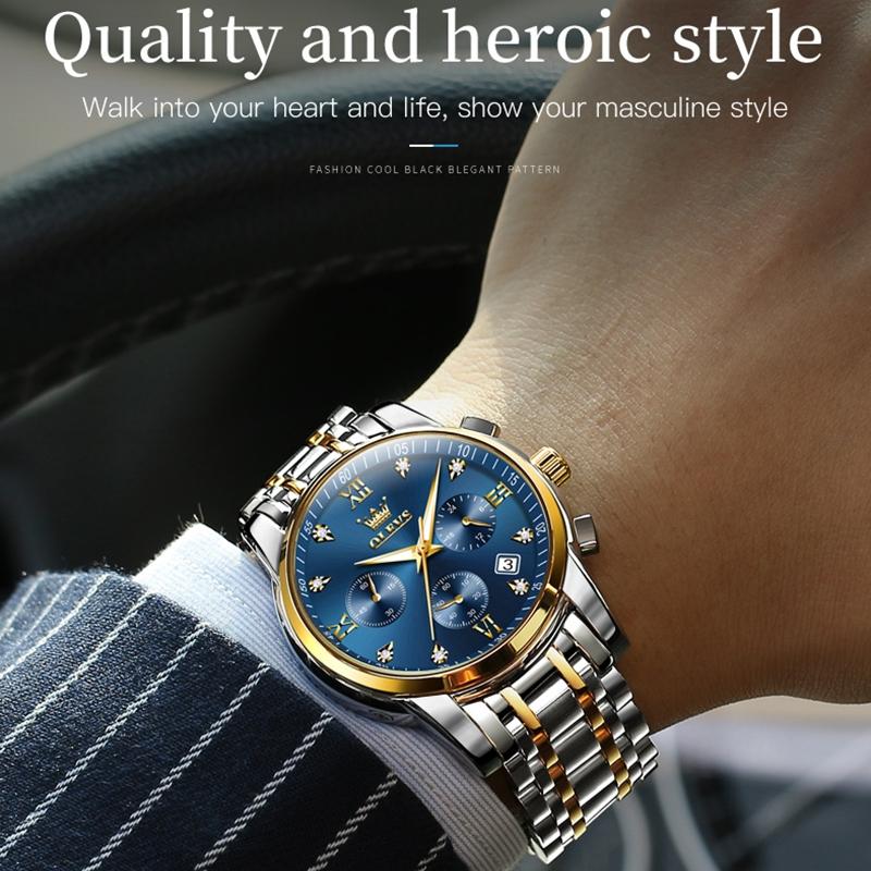 Waterproof Quartz Watch for Men - Multifunctional Business Design - Blue + Gold 4