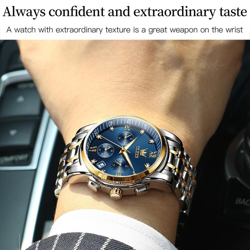Waterproof Quartz Watch for Men - Multifunctional Business Design - Blue + Gold 5
