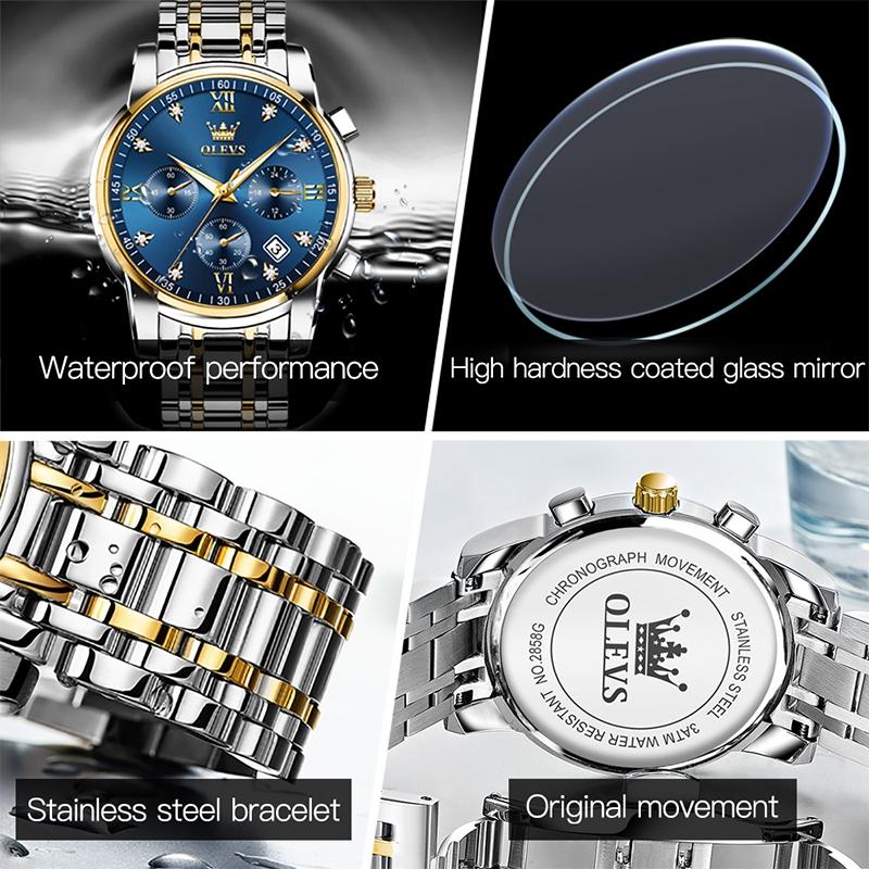Waterproof Quartz Watch for Men - Multifunctional Business Design - Blue + Gold 6