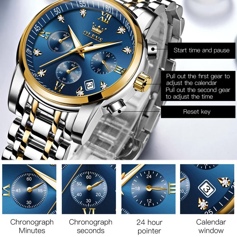 Waterproof Quartz Watch for Men - Multifunctional Business Design - Blue + Gold 7