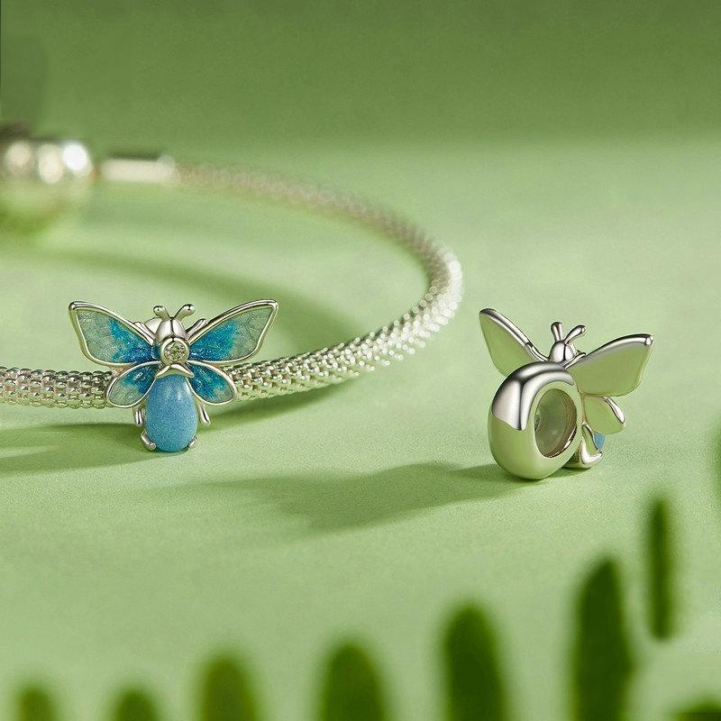 925 Sterling Silver Blue Luminous Zircon Bee Silicone Diy Beads 4
