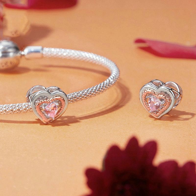 925 Sterling Silver Rose Gold Heart Hollow Diy Beads 4