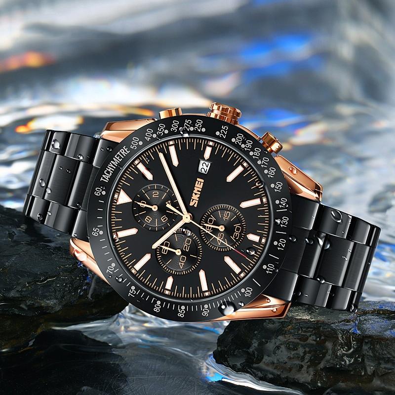 Stainless Steel Strap Quartz Watch for Men with Date and Six Pin Design - Gold Blue 4