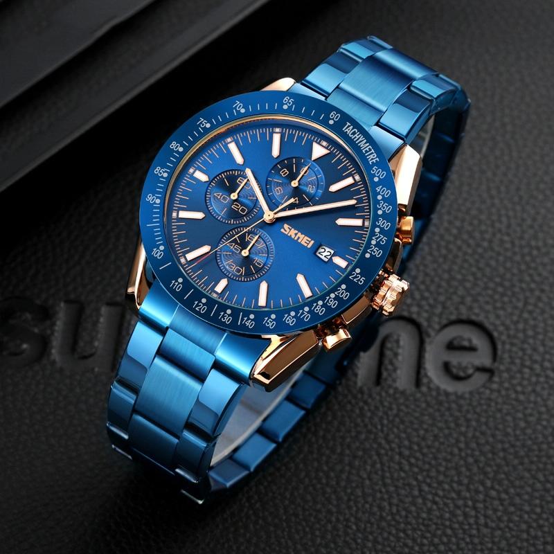 Stainless Steel Strap Quartz Watch for Men with Date and Six Pin Design - Gold Blue 9