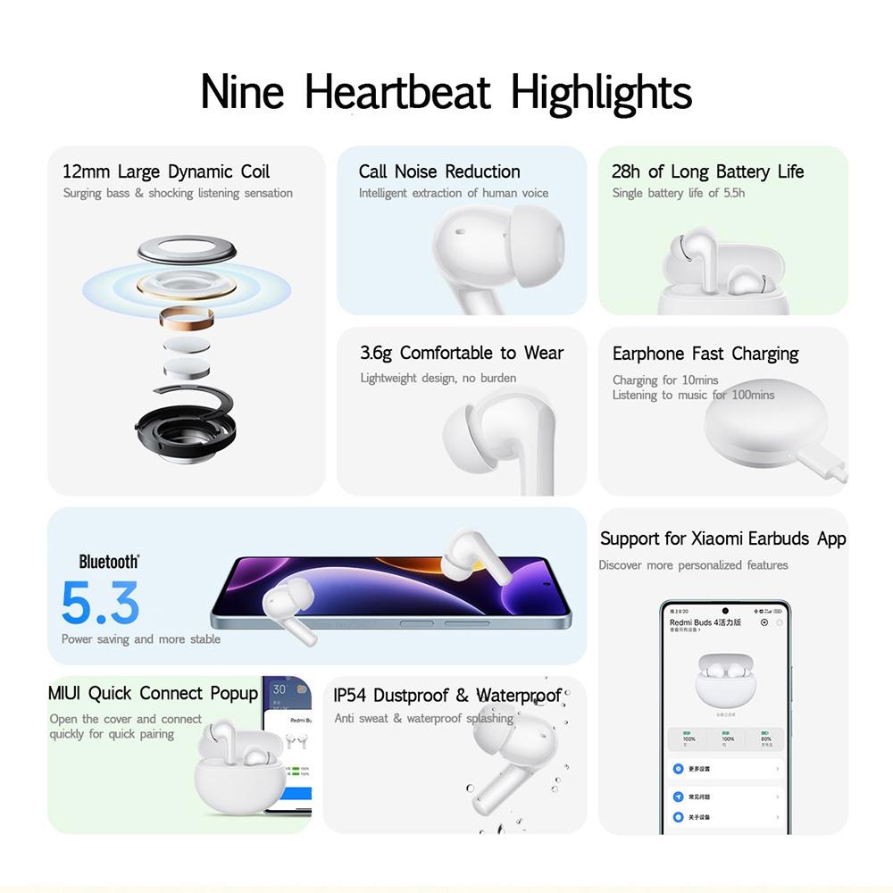 Waterproof Redmi Buds 4 Vitality Wireless Earphone with Bluetooth Calling and Noise Reduction - White 9