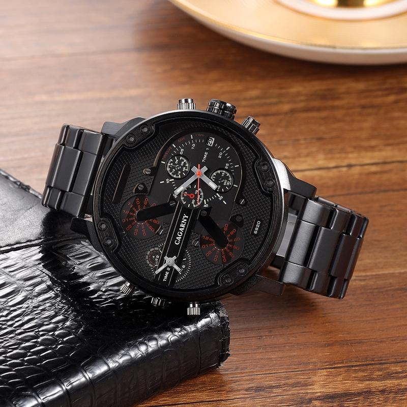 Men Dual Display Quartz Watch with Large Dial and Steel Band - Black Shell Orange Eye 3