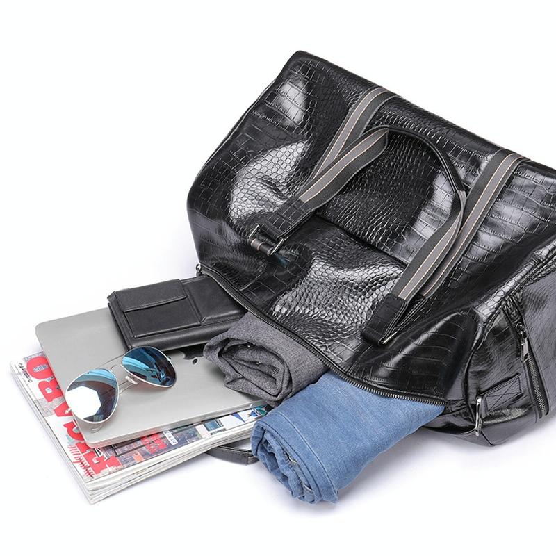 Multifunctional Leather Duffel Bag for Travel - Crocodile Print 7