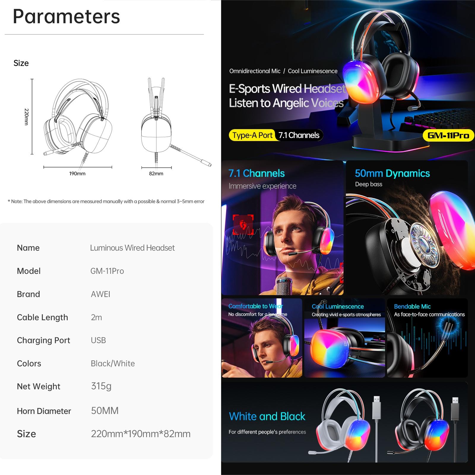 Pro Luminous Wired Headphones 2M Cable - Black 10