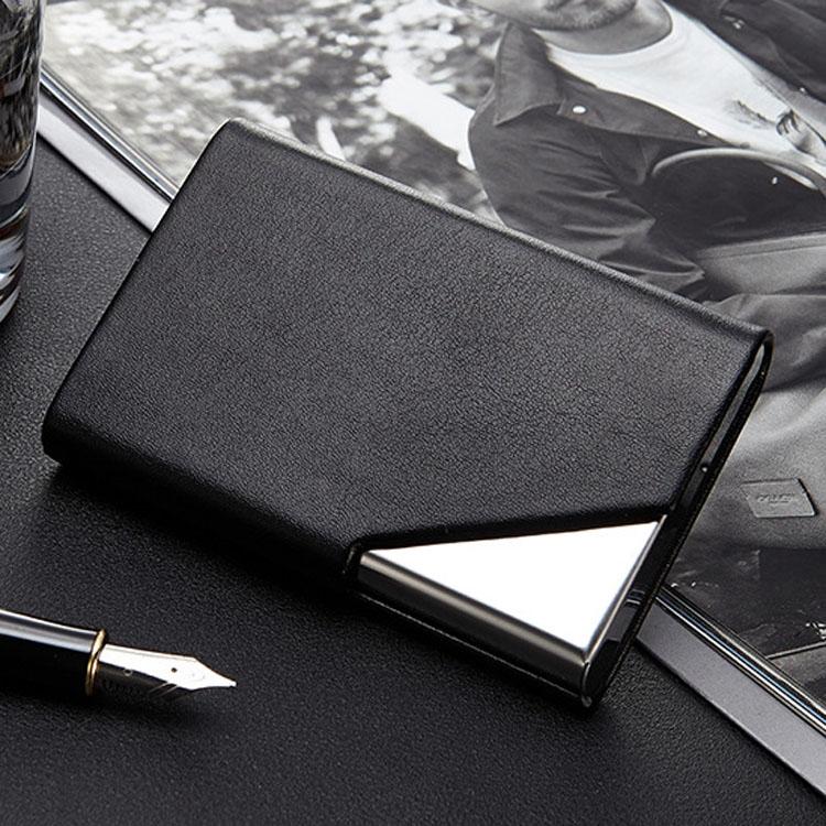 Stainless Steel Business Card Holder Men Leather Clamp - Black