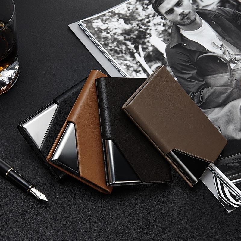 Stainless Steel Business Card Holder Men Leather Clamp - Black 3