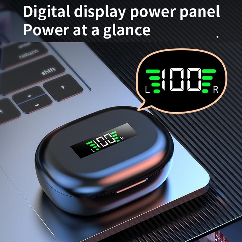 Wireless Bluetooth Earphones with Charging Bin and Digital Display - Black 6