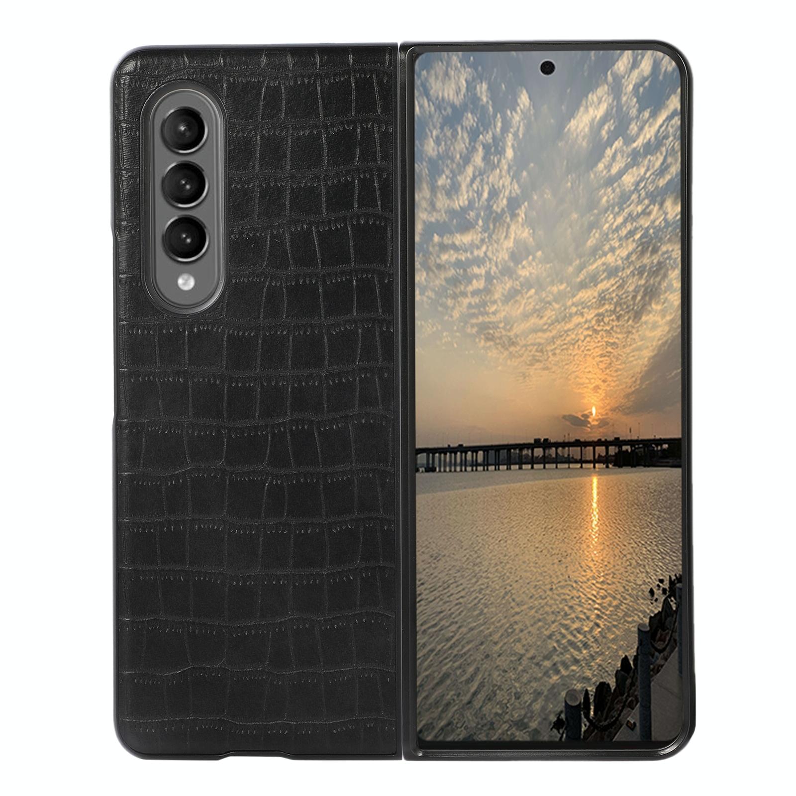 For Samsung Galaxy Z Fold4 5G Foldable Crocodile Texture Phone Case - Pu Leather - Black
