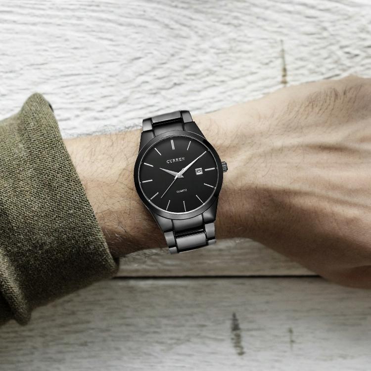 Waterproof Full Steel Quartz Watch - Fashion Business Calendar - Black Case Black Face 9