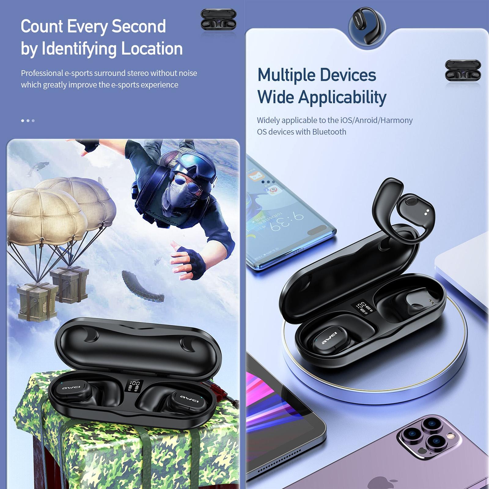 Black T69 Sport Tws Bluetooth Earbuds with Air Conduction 5