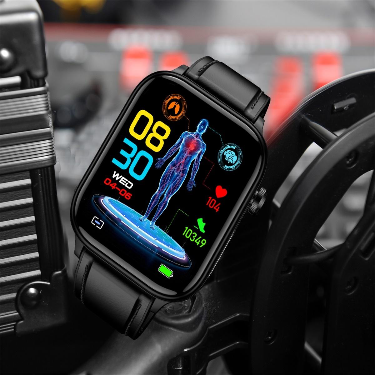 1.96 Inch Colour Screen Smart Watch Leather Strap Support Bluetooth Call / Ecg - Black 10