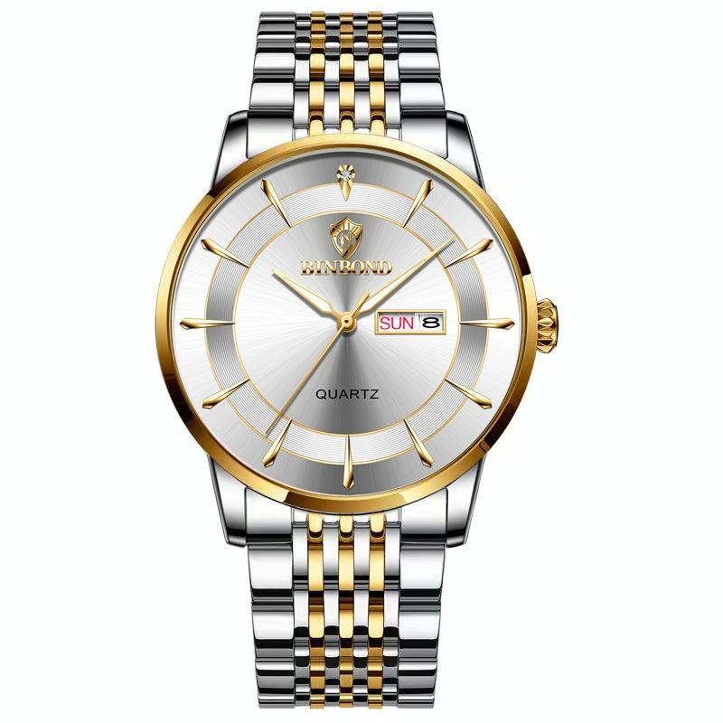 Waterproof Quartz Men Watch with Luminous Butterfly Buckle and Steel Belt - 30m - Inter-Gold-White