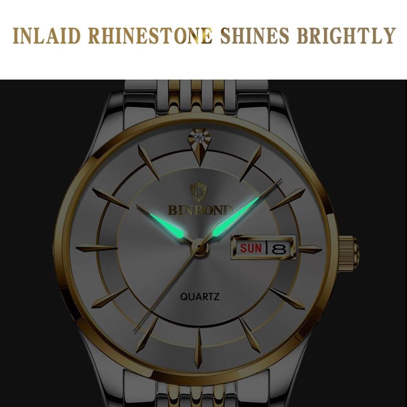 Waterproof Quartz Men Watch with Luminous Butterfly Buckle and Steel Belt - 30m - Inter-Gold-White 5