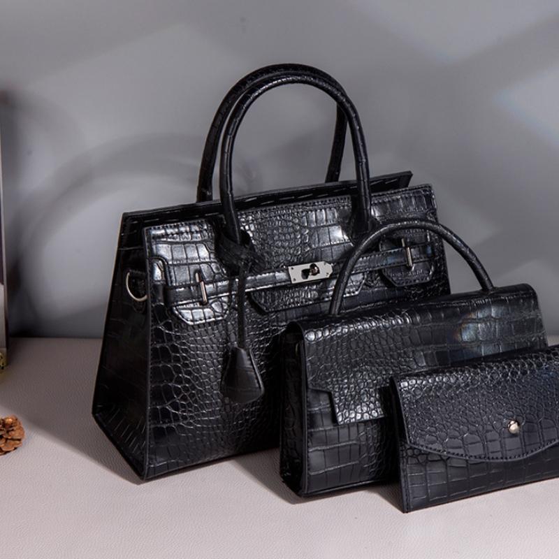 Large Capacity 3-in-1 Crocodile Print Crossbody Tote - Diagonal Design - Black 9