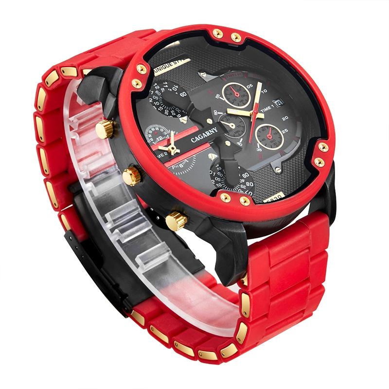 Men Red Rubberized Steel Band Watch with Dual Quartz Movement 4