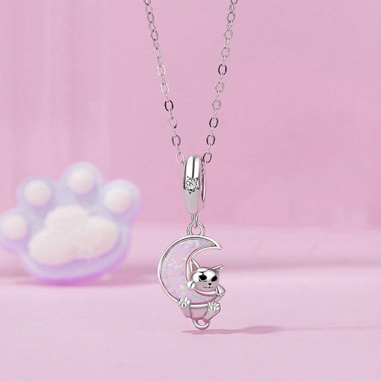 925 Sterling Silver Fantasy Moon Cat Pendant Plated 7