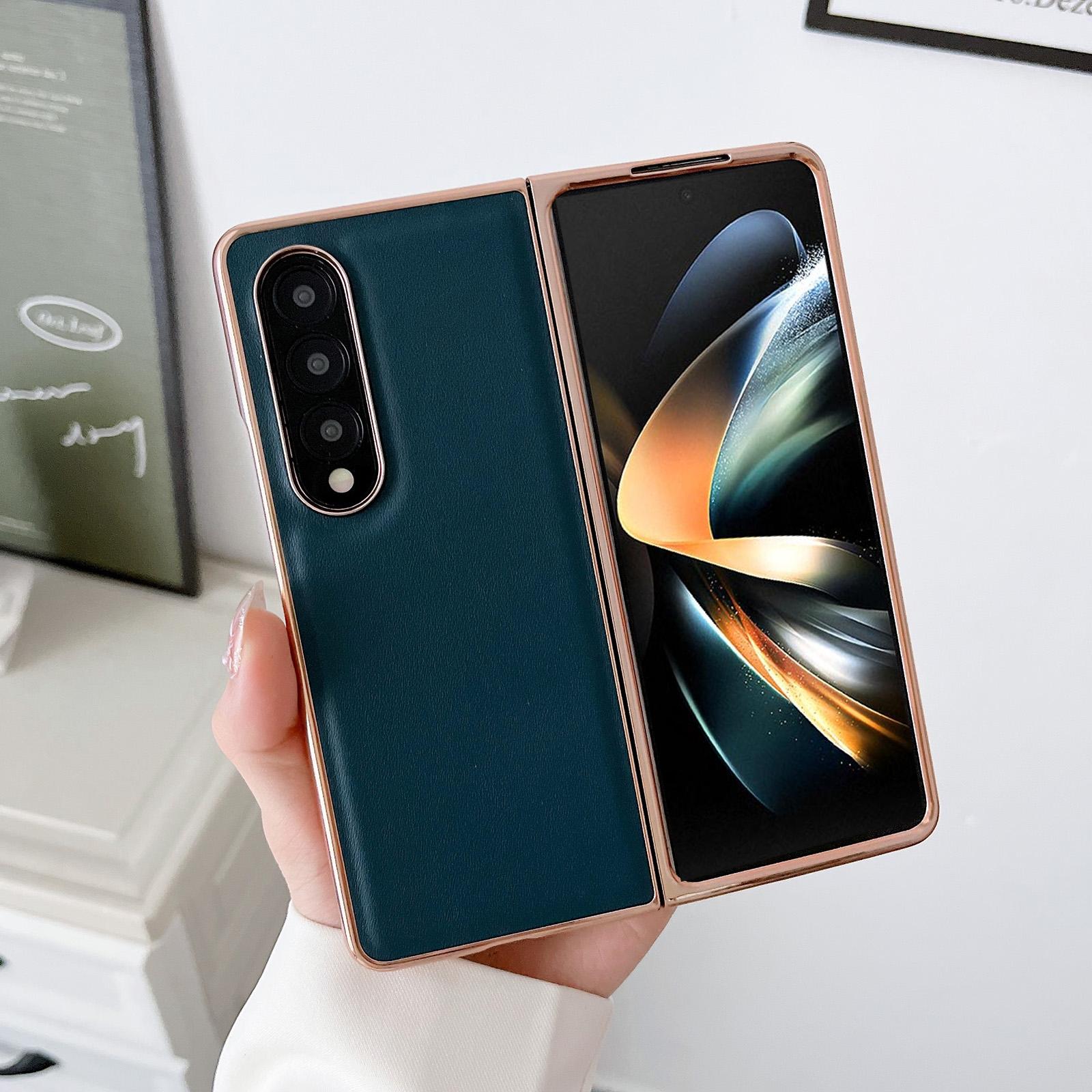 For Samsung Galaxy Z Fold4 5G Xiaoya Series Genuine Leather Plating Case - Black 5