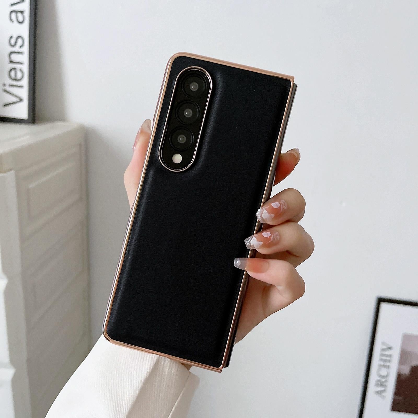 For Samsung Galaxy Z Fold4 5G Xiaoya Series Genuine Leather Plating Case - Black 12