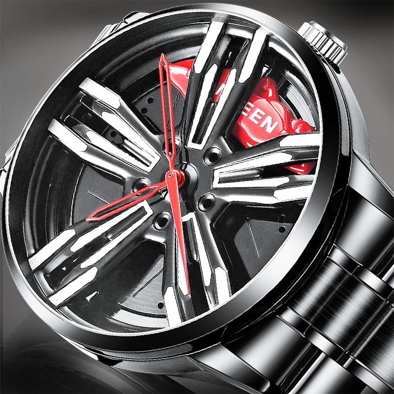 Men Metal Motorcycle Watch with Rotating Hub - Black Steel Red Surface 5