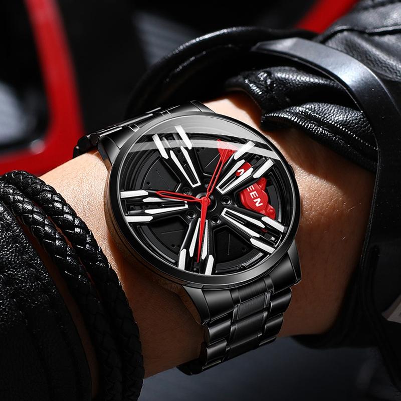 Men Metal Motorcycle Watch with Rotating Hub - Black Steel Red Surface 8