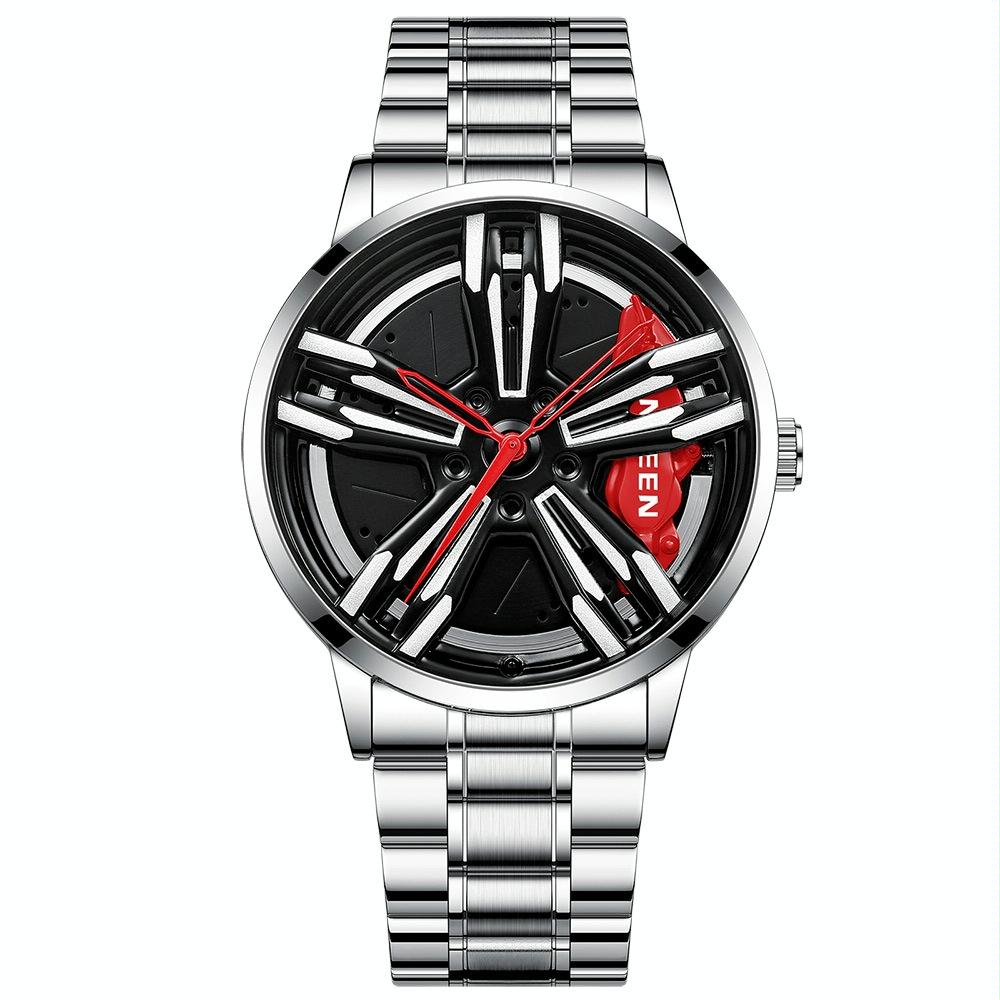 Men Metal Motorcycle Watch with Rotating Hub - Black Steel Red Surface 11
