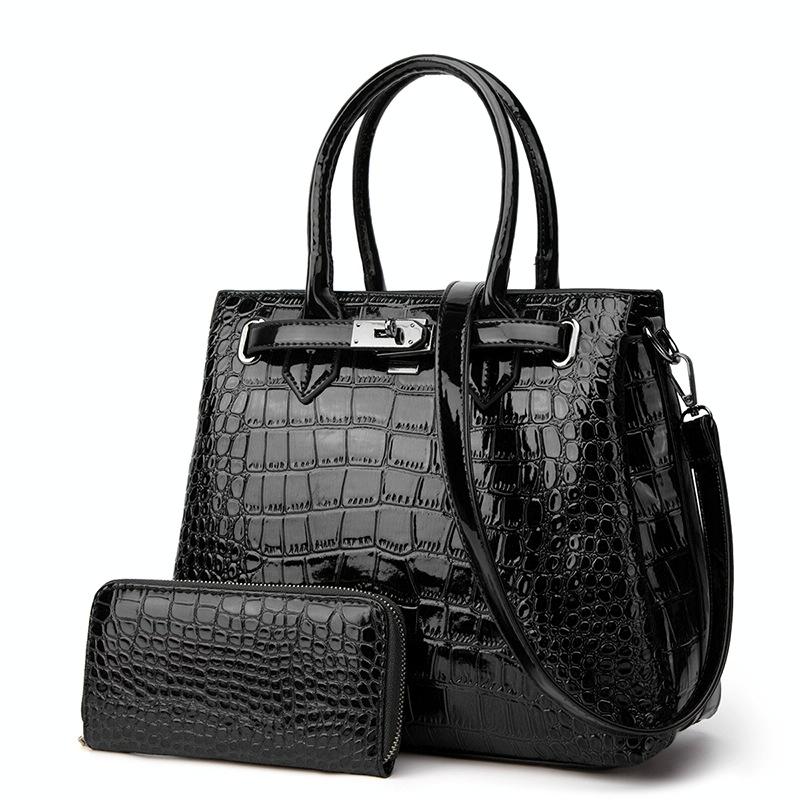 Large Capacity 2-in-1 Crocodile Patent Leather Shoulder Bag - Wine Red 3