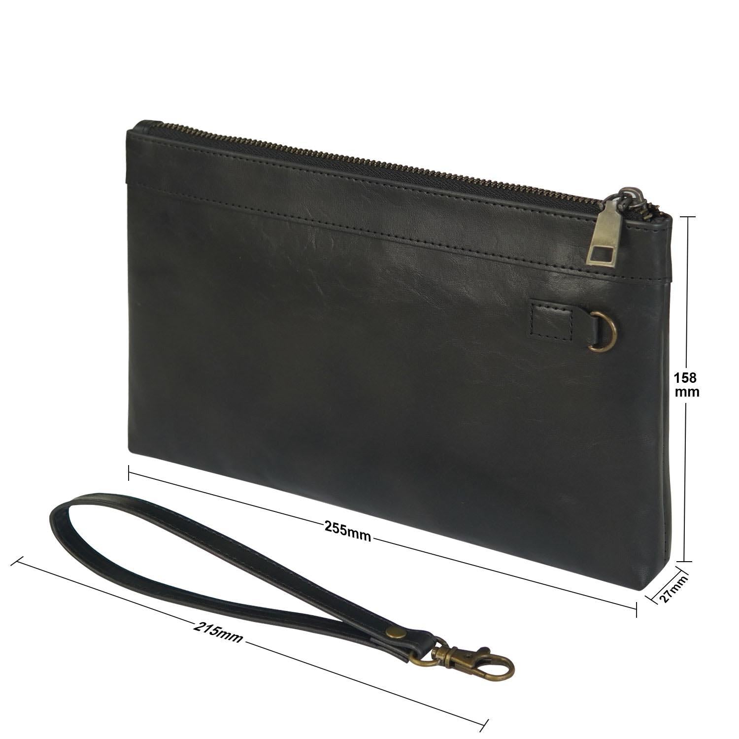 Vintage Leather Envelope Clutch with Zipper Closure - Black