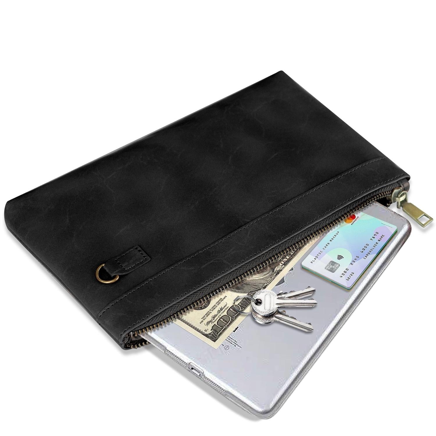 Vintage Leather Envelope Clutch with Zipper Closure - Black 3