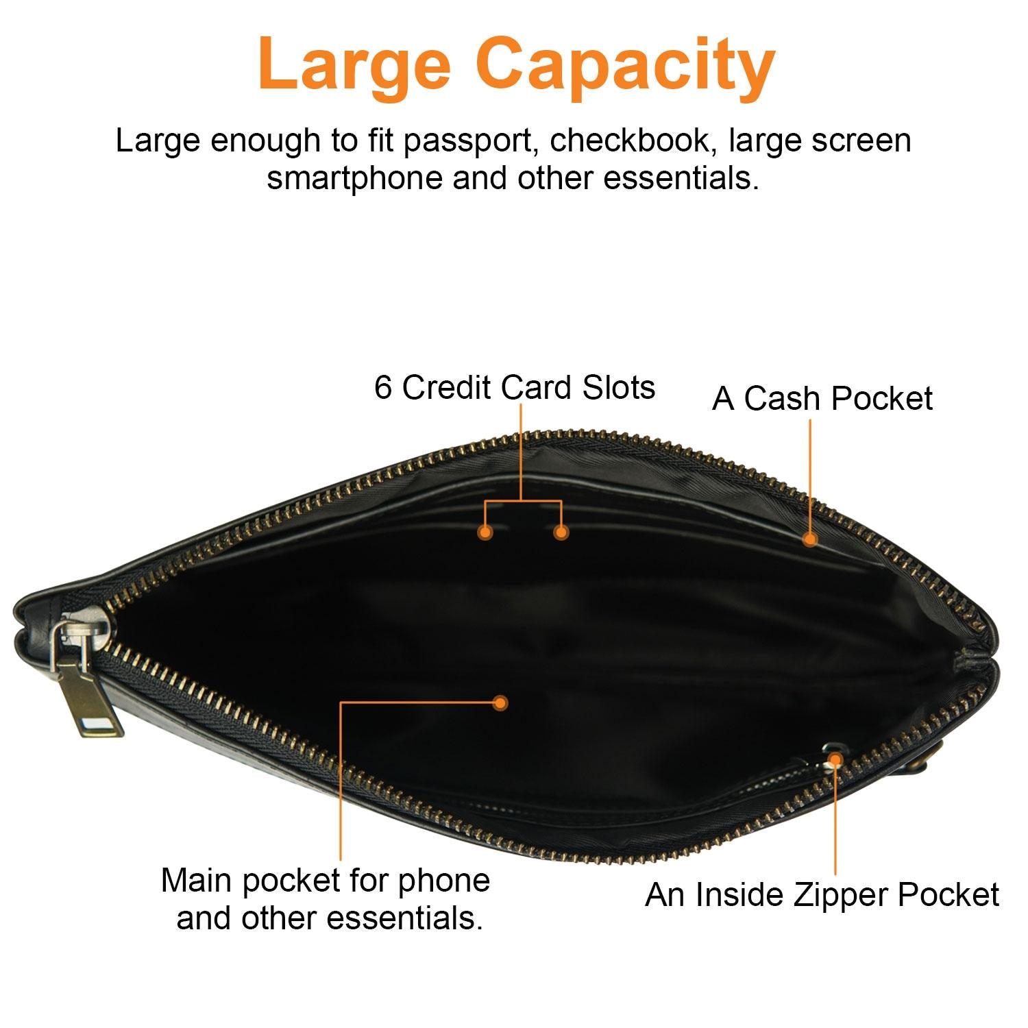 Vintage Leather Envelope Clutch with Zipper Closure - Black 4