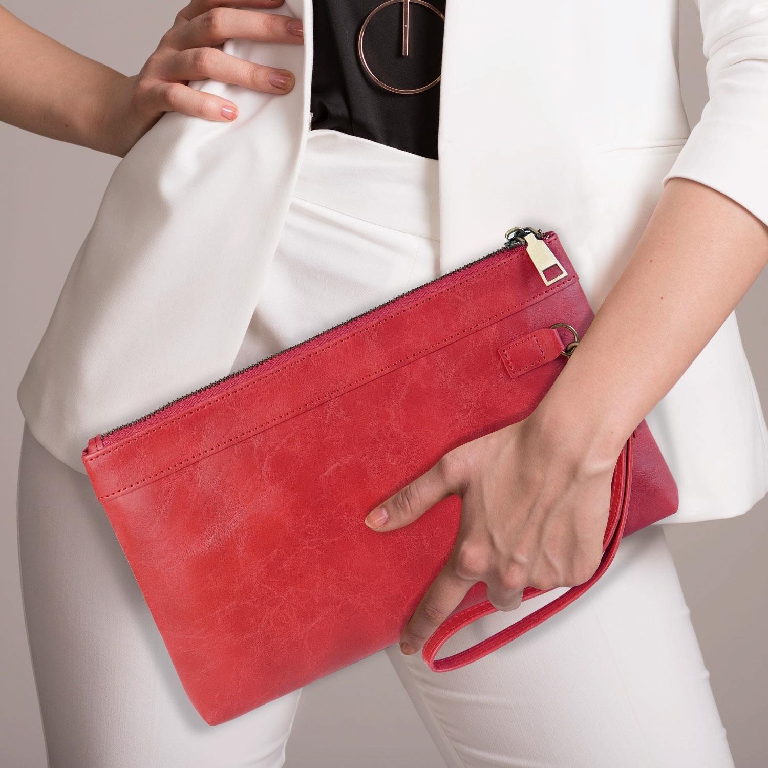 Vintage Leather Envelope Clutch with Zipper Closure - Black 14