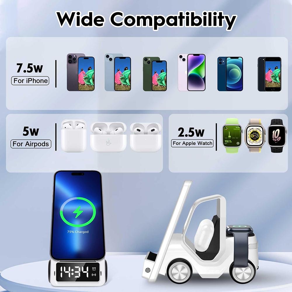 5 In 1 Car Desktop Alarm Clock With Wireless Charging - White 4