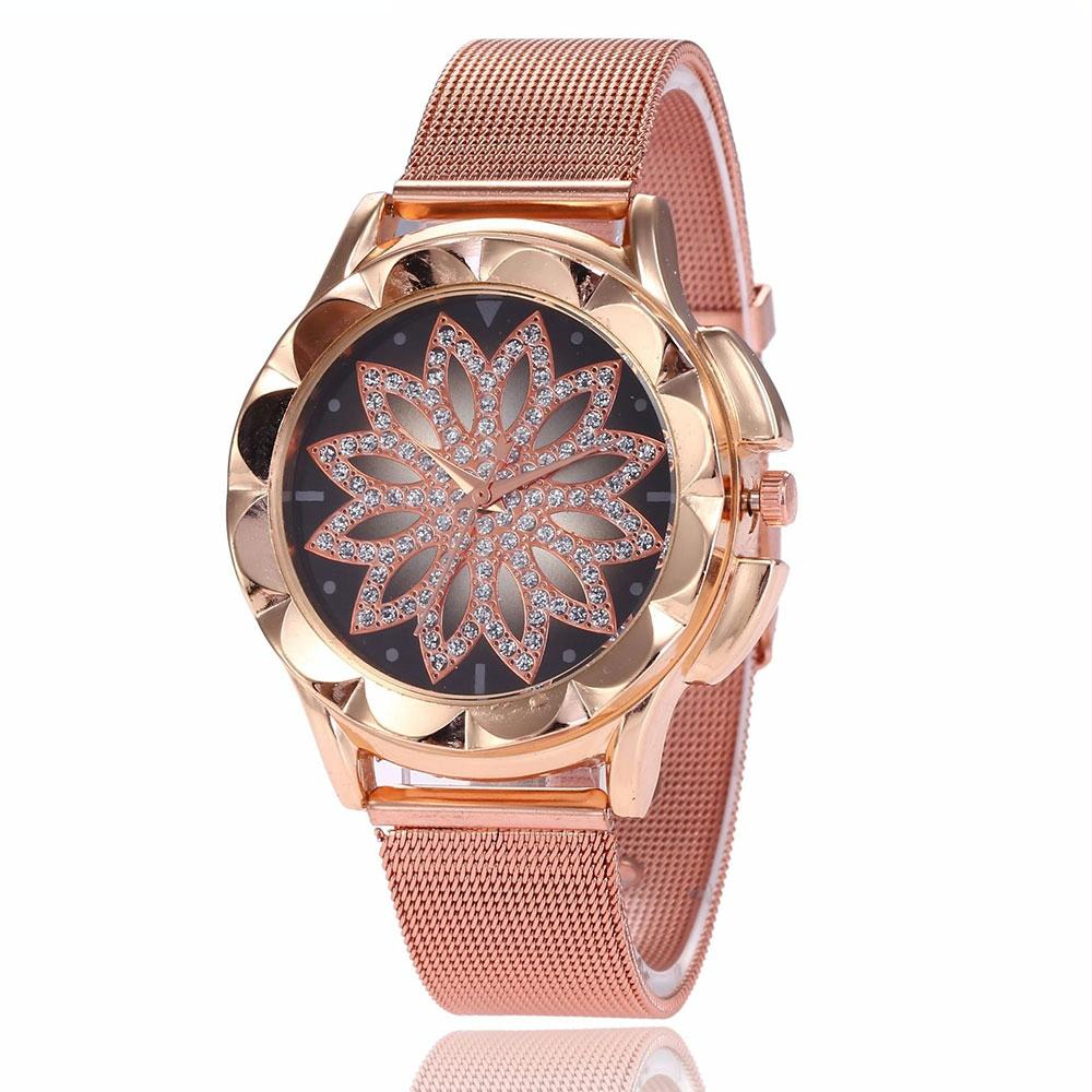 Rose Gold Flower Bracelet Watch with Rhinestone Mesh 4