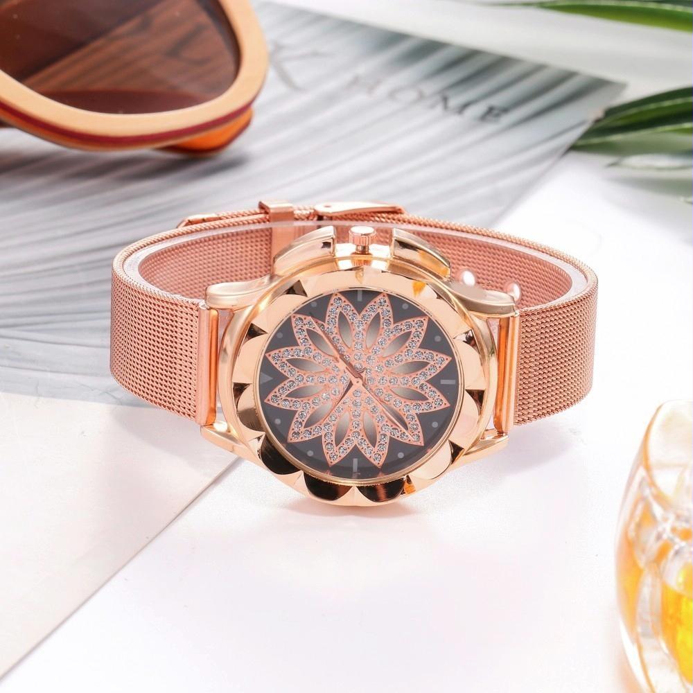 Rose Gold Flower Bracelet Watch with Rhinestone Mesh 5