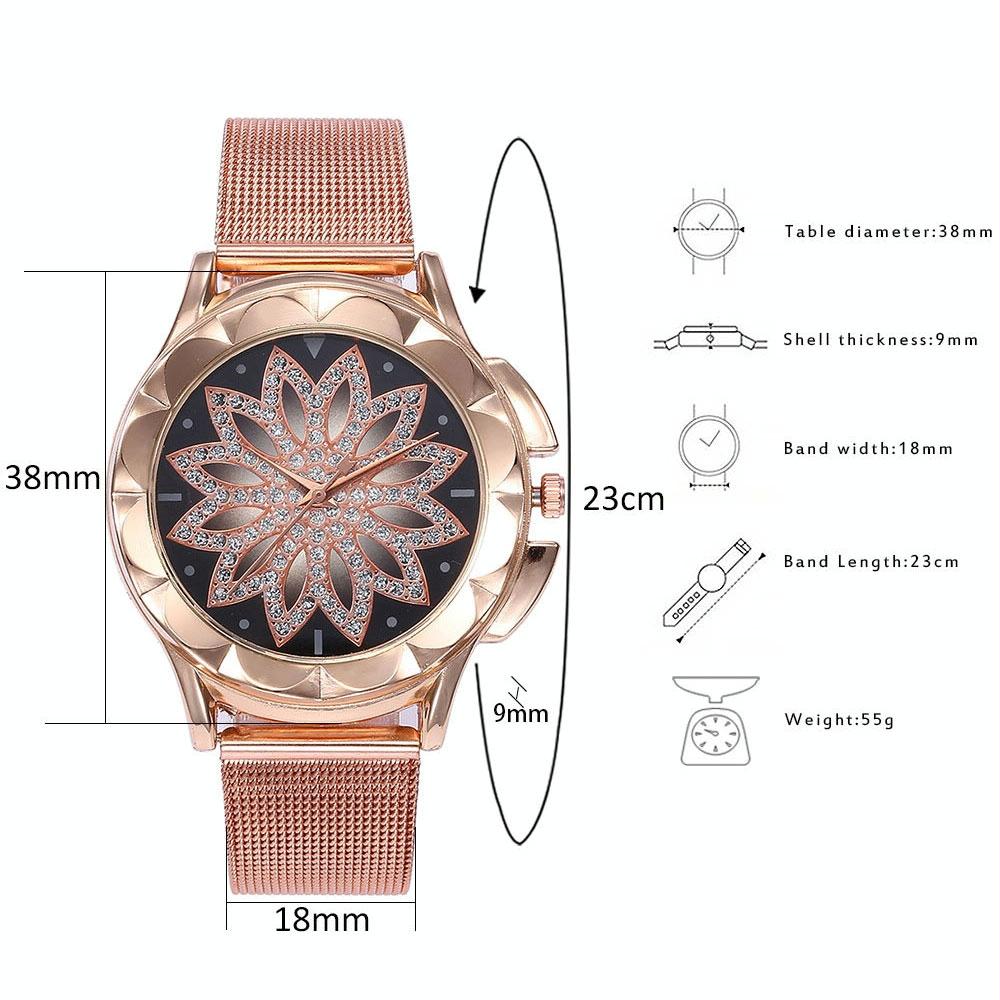 Rose Gold Flower Bracelet Watch with Rhinestone Mesh 6