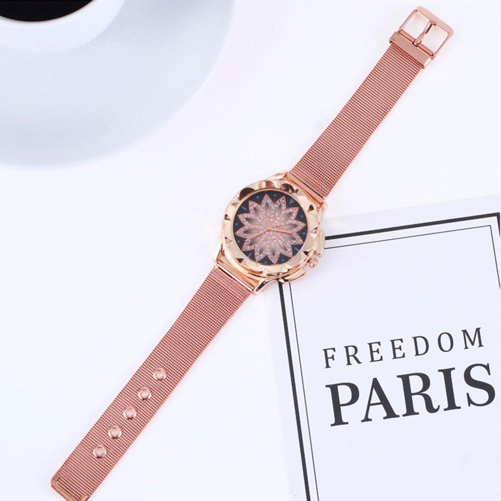 Rose Gold Flower Bracelet Watch with Rhinestone Mesh 7