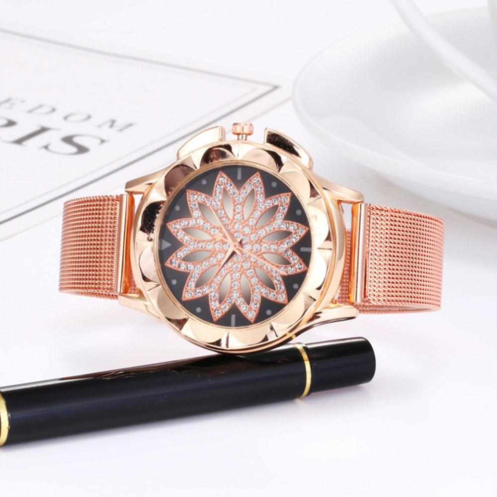 Rose Gold Flower Bracelet Watch with Rhinestone Mesh 8