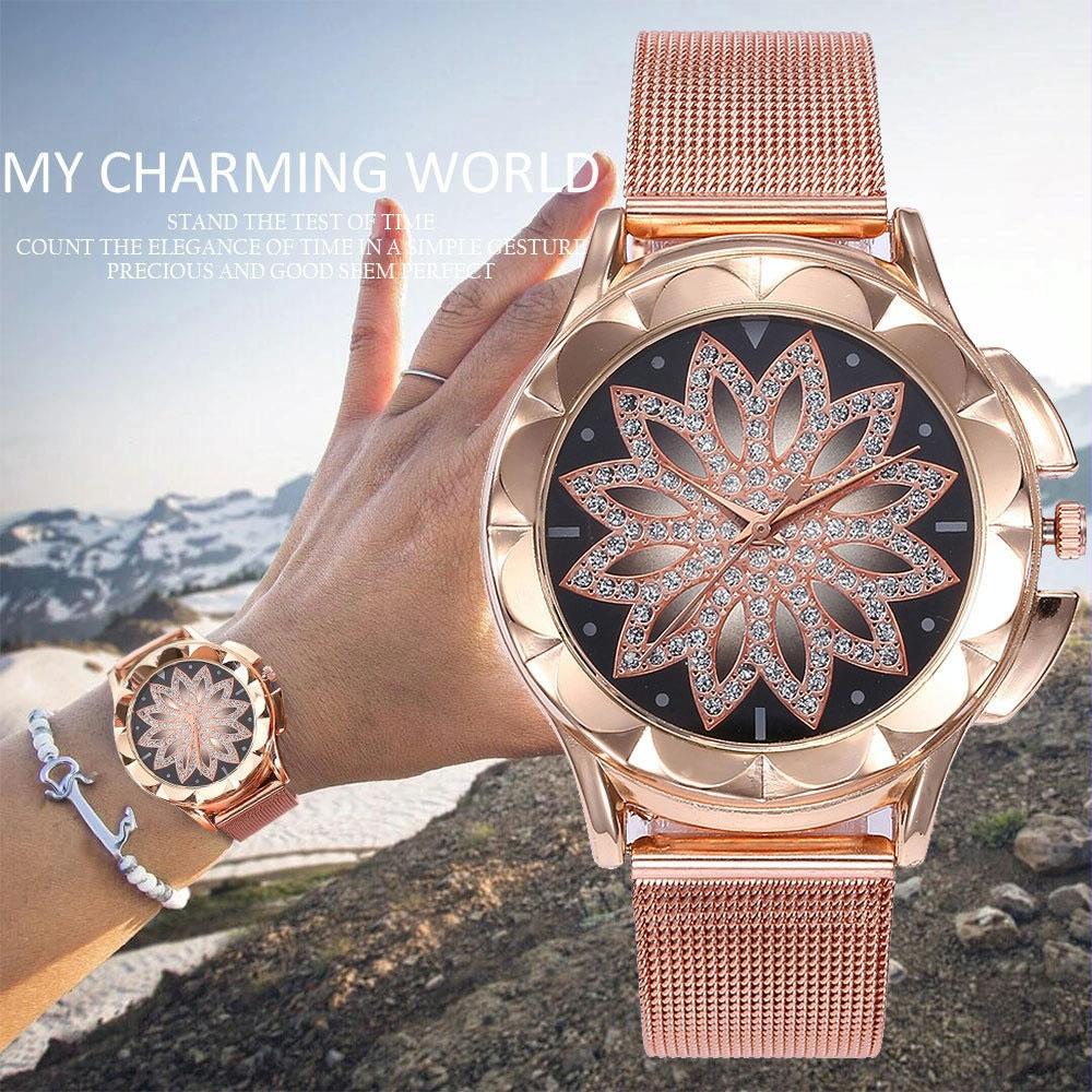 Rose Gold Flower Bracelet Watch with Rhinestone Mesh 10