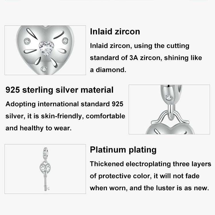 925 Sterling Silver Platinum Plated Heart Key Beaded Pendant 4