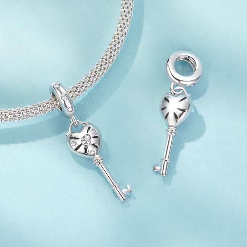 925 Sterling Silver Platinum Plated Heart Key Beaded Pendant 5