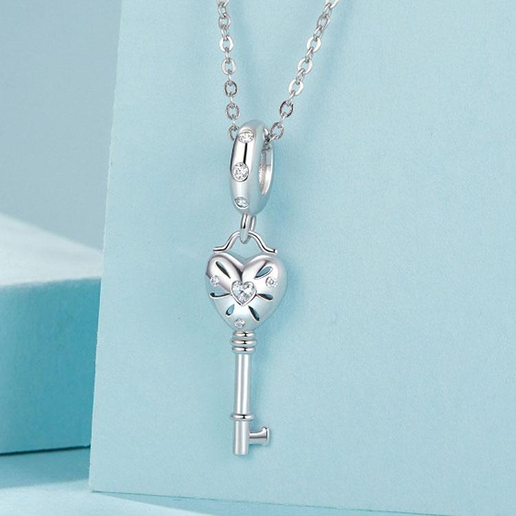 925 Sterling Silver Platinum Plated Heart Key Beaded Pendant 6