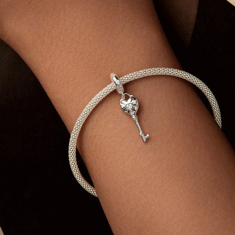 925 Sterling Silver Platinum Plated Heart Key Beaded Pendant 7