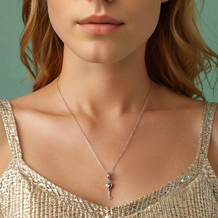 925 Sterling Silver Platinum Plated Heart Key Beaded Pendant 8