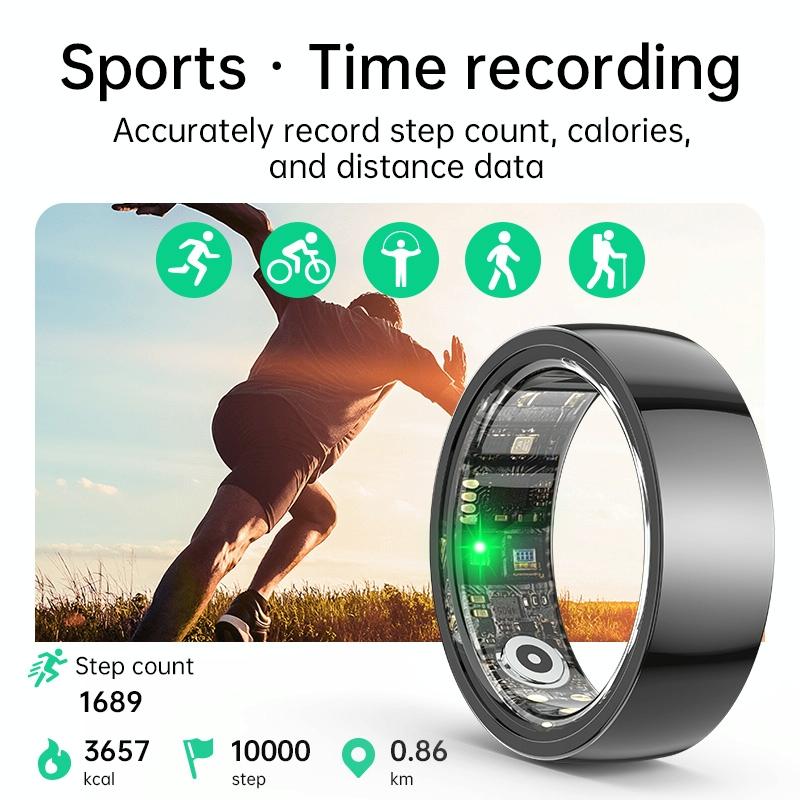 Smart Ring With Heart Rate Blood Oxygen Sleep & Sports Modes - Size 13 - Black 7