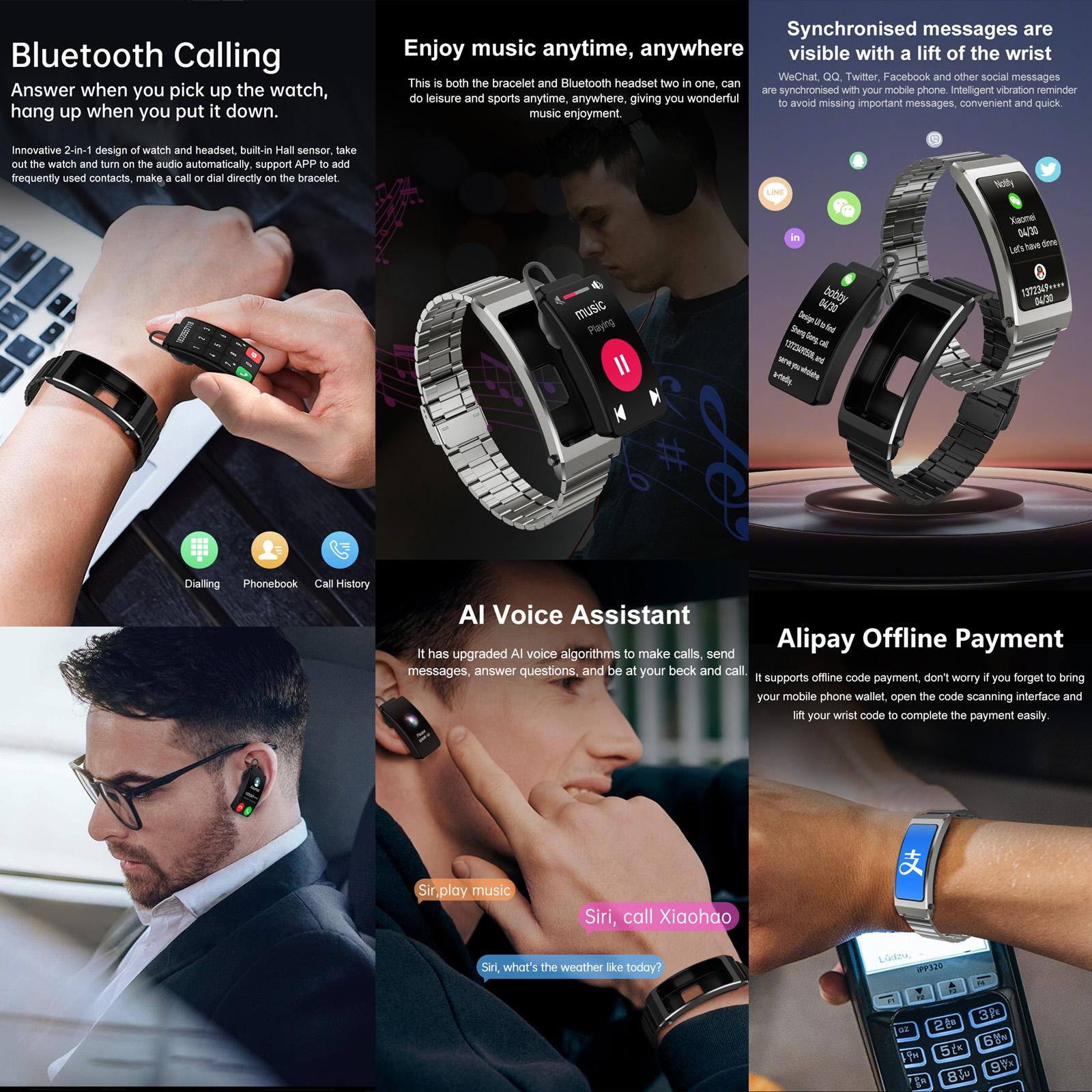 Smart Health Monitoring Bracelet With Bt Call And Leather Strap - Black Steel Strap 8