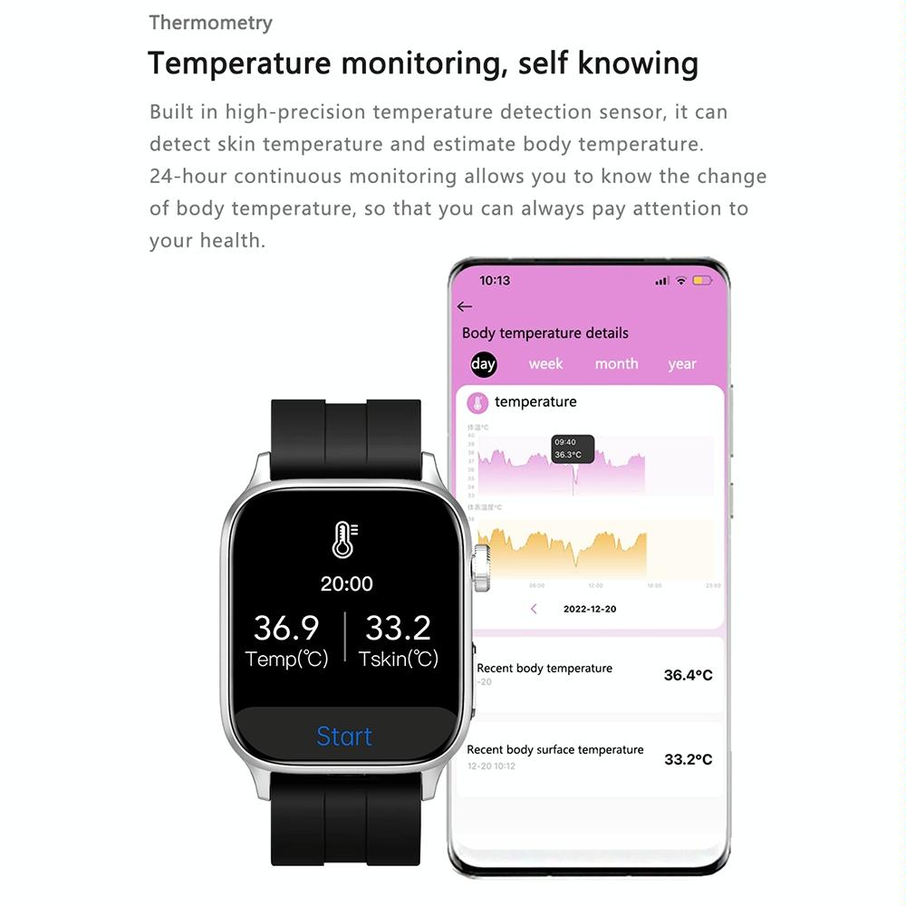 1.85 Inch Tft Screen Leather Band Health Smart Watch Support Bluetooth Call / Plateau Blood Oxygen / Body Temperature / Arrhythmia / Ti Heart Rate Monitoring - Black 12